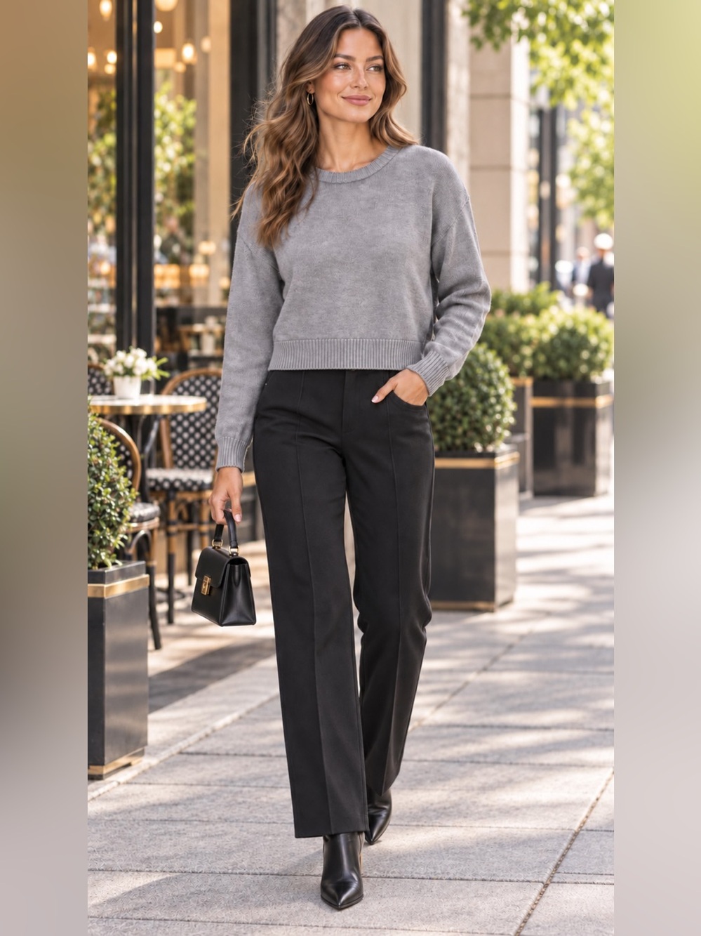 Good American Light Gray Ribbed Crew Sweater